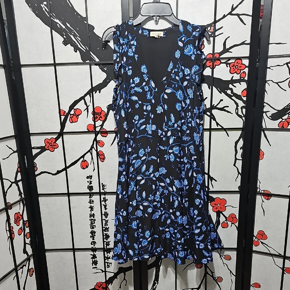 Rebecca Taylor Sleeveless Silk Black and Blue Floral Midi Dress Size 4 - Picture 2 of 8